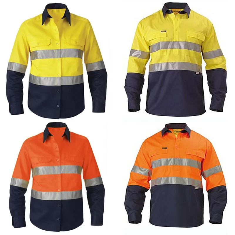 Navy Coal Mining 100% cotton Long Sleeve Construction Hi Vis reflective mining work shirts