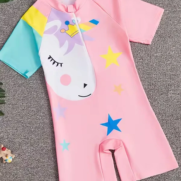 Wholesale Clothing Summer Kids Girls Cartoon Horse Print Round Neck Short Sleeve One-Piece Swimwear