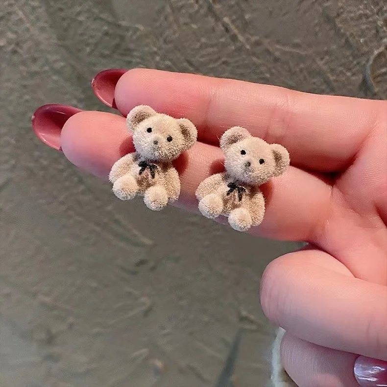 2024 New 925 Silver Needle Korean Flocking Cute Little Bear Earrings Simple and Trendy Heart Student for Girls Fashion Style