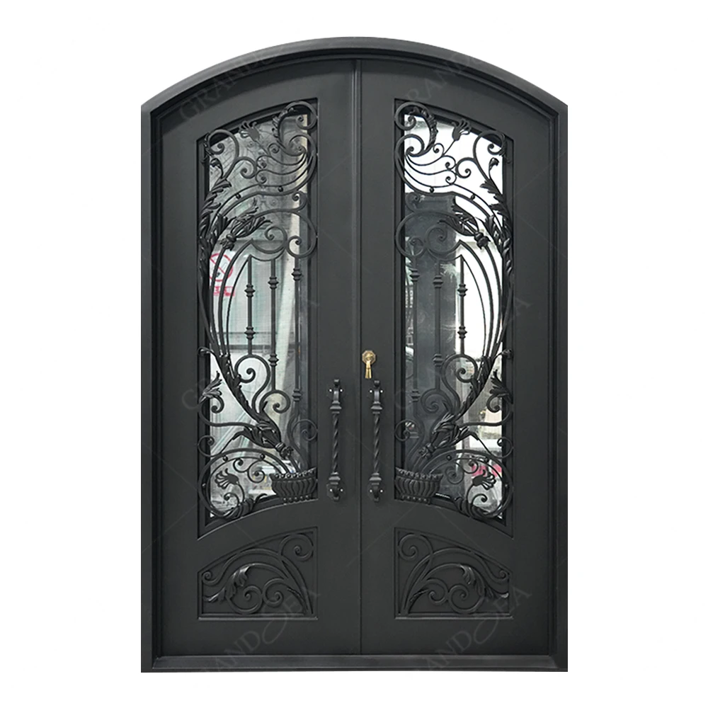 Superior Quality Double Cast Iron Grill Entrance Door For Residence Modern Design External Entrance Arched Wrought Iron Door