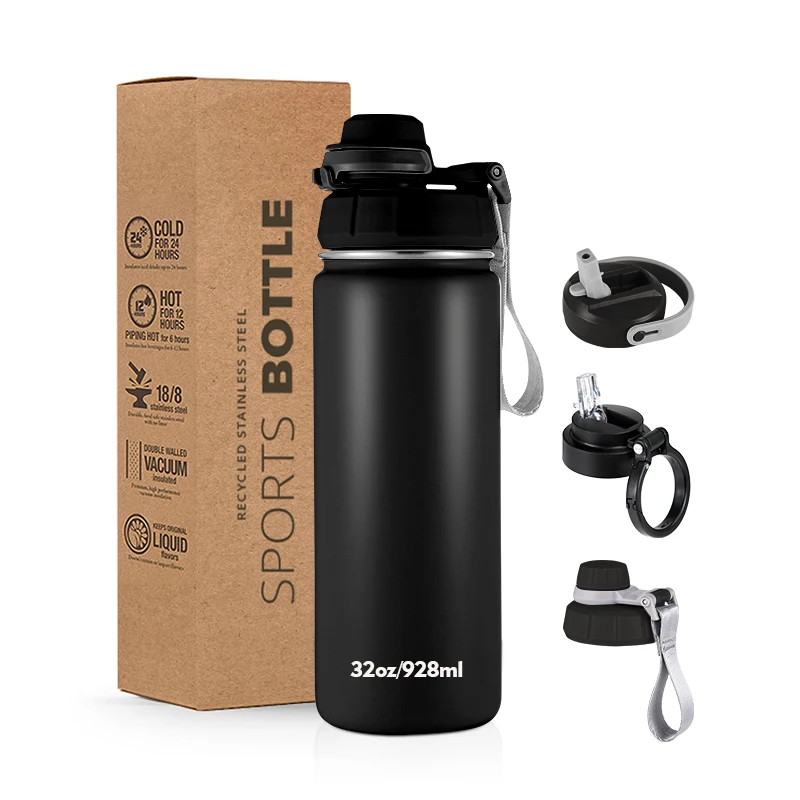 Custom Logo Lock Lid 32oz Double Walled Stainless Steel Vacuum Insulated Sports Water Bottle with Brush