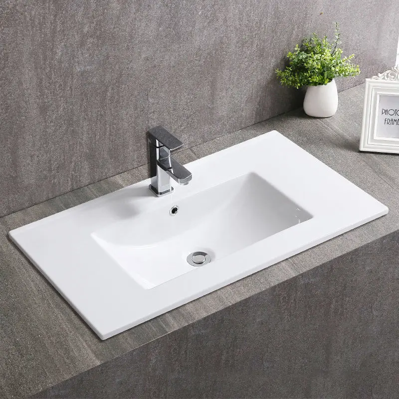 Modern White Ceramic Hotel Wash Hand 9L Wash Basin Rectangular Thin Edge Dresser Single Cabinet Bathroom Sink