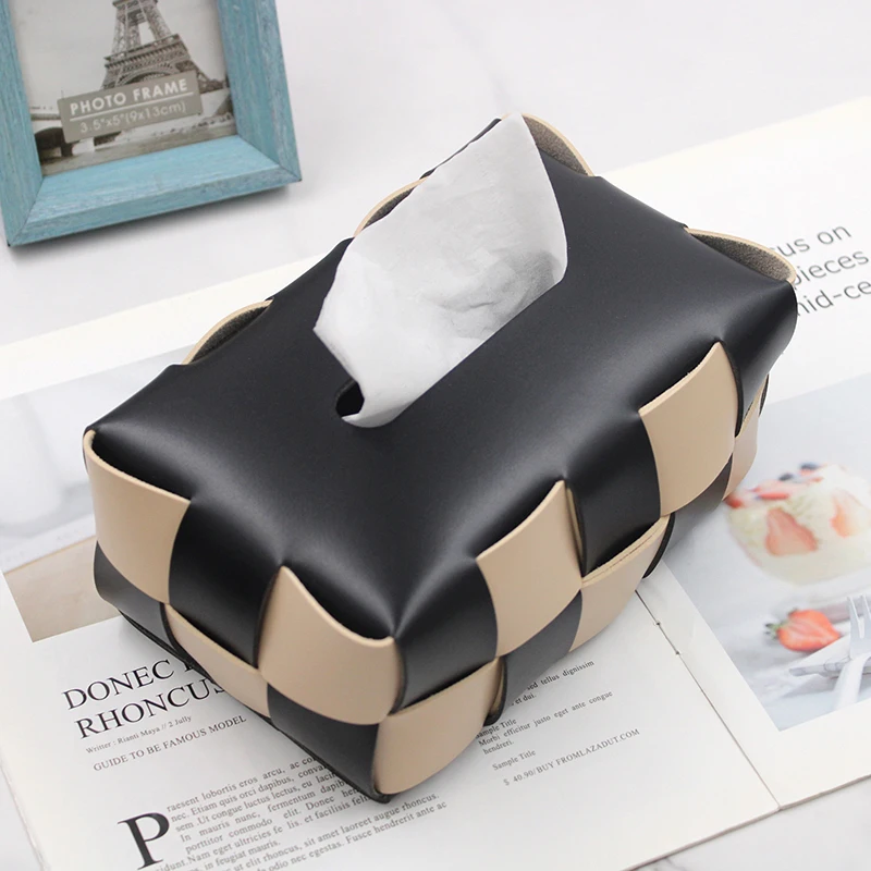 Stocked Hand-Woven Tissue Box PU Leather Light Luxury Textured Plaid Napkin Holder Waterproof Check Pattern Tissue Case For Home