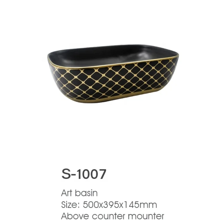 Chaozhou cheap price Luxury Black Ceramic gold-plated Lavatory Art Wash Basin Rectangle Thin Edge Bathroom vessel sink S-1007