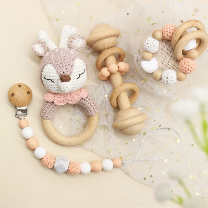 wholesale baby wooden rattle crochet elephant design baby rattle crochet wooden silicone beads