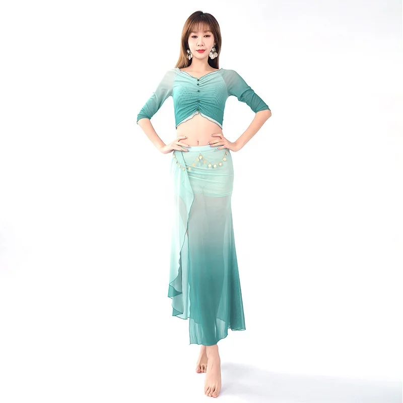 2024 Sexy French V-neck short sleeved gradient high openings Belly dance performance stagewear for adult women