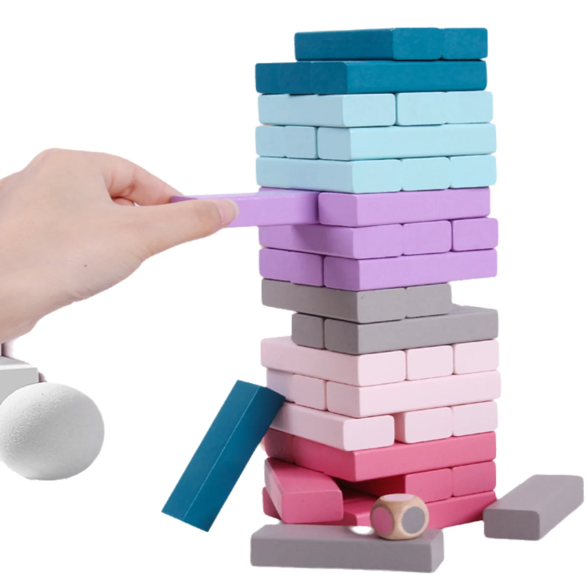 Colorful 48-51 Piece Wooden Tumbling Tower Game Set Includes Animal Print Dice and Penalty Cards for Educational Tabletop Fun