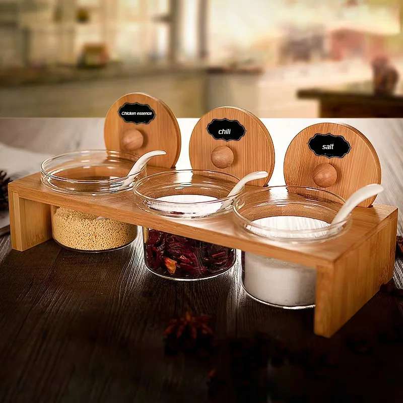 Three Jars Bamboo Cover Glass Spice Jar Rack Set
