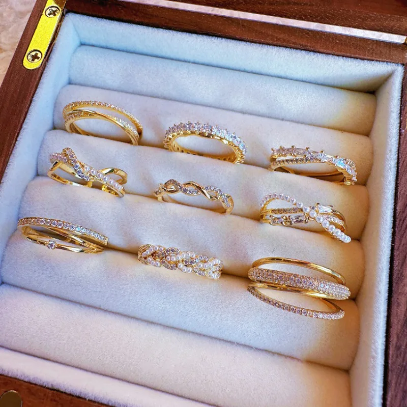Double Layer CZ Stone Pearl Wrap Finger Ring Trendy Luxury Gold Plated Minimalist Wedding Engagement Eternity Rings For Women