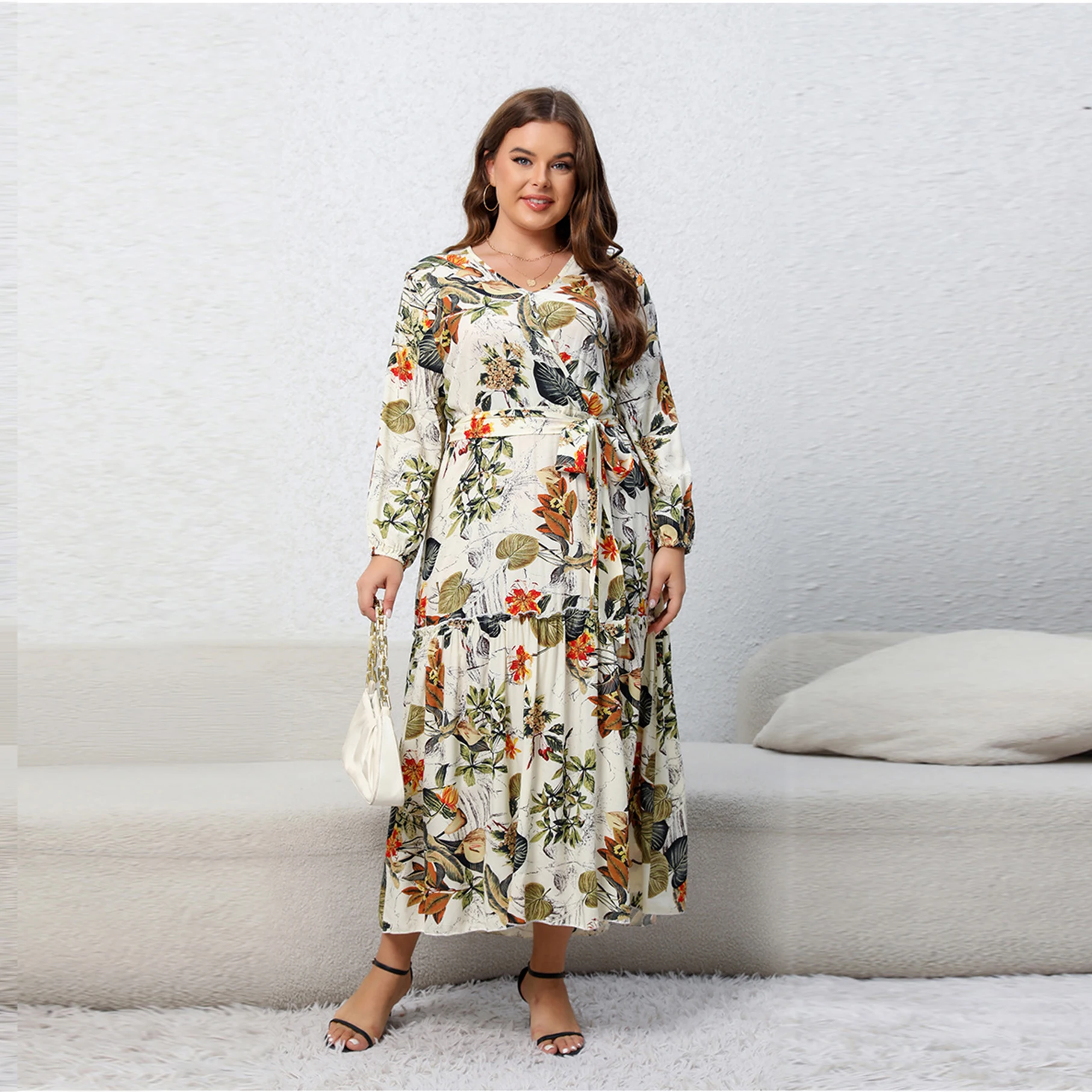 Plus Size Dress Printed V-neck Long Sleeve Floral Long Skirt Loose Swing Skirt Maxi Dresses Casual Empire Waist with Pockets