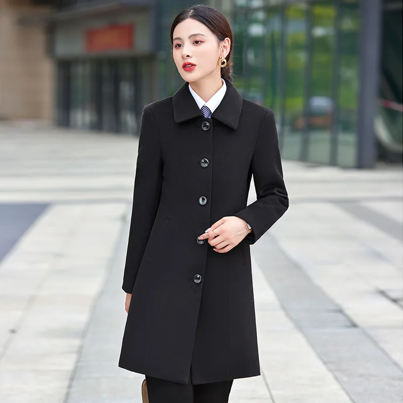 Wholesale High Quality Black Long Cashmere Overcoat Woman Winter Long Woolen Coats