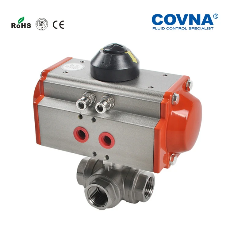 COVNA Actuator Valves Single or Double Acting DN50 Stainless steel Pneumatic Actuated 3 Way Threaded Ball Valve