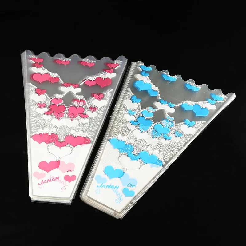 Eco-Friendly And Biodegradable Bouquet Wrap Bag Heart Shape Design Clear Cellophane Printed Flower Sleeve