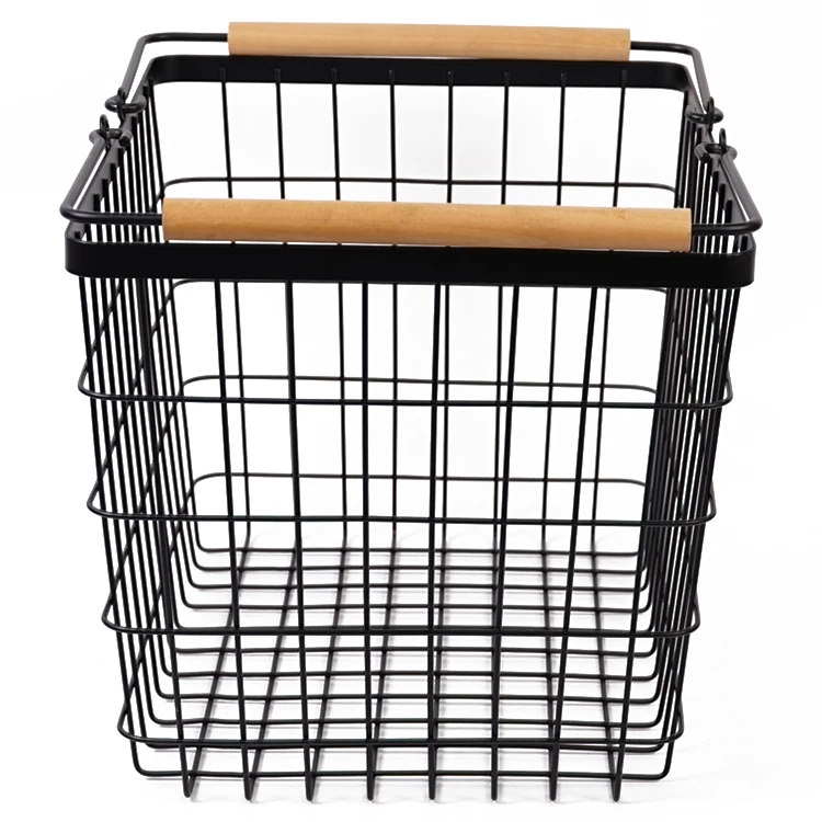 Vintage Locker Wire Storage Basket with Wood Handles for Closets Pantry Kitchen Garage Bathroom
