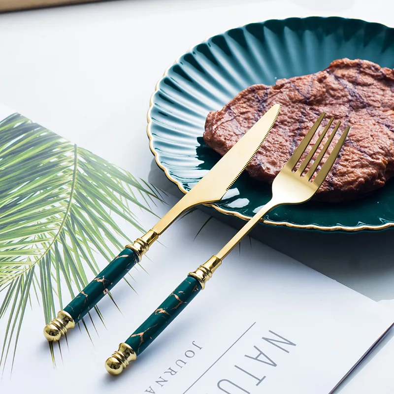 Посуда в скандинавском стиле посуда с керамической мраморной ручкой набор столовых приборов из нержавеющей стали вилка ножей и ложек