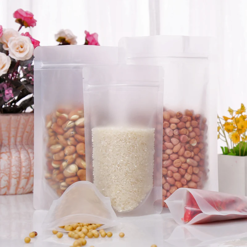 Various size plastic stand up pouch with frosty window for rice matrimony vine  chilli flour food packaging