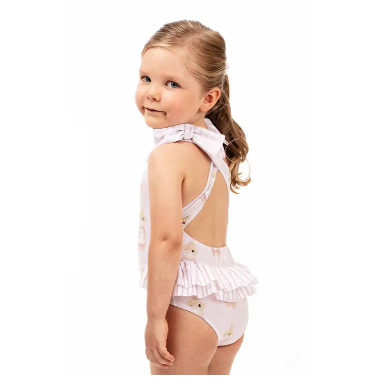 new retro little girls knitted fabrics One Piece Kids Customized Pattern Wave Edge Back Swimsuit soft spandex fabric beachwear