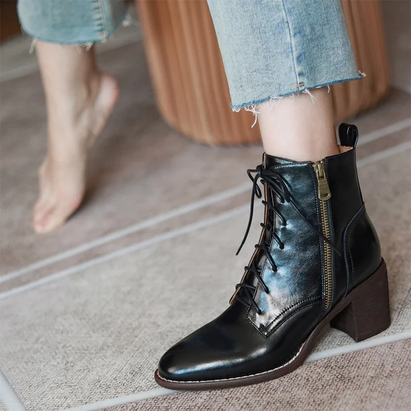 
2020 Top Level vintage women genuine leather zipper high heel boots fall shoes black hand made boots for ladies 