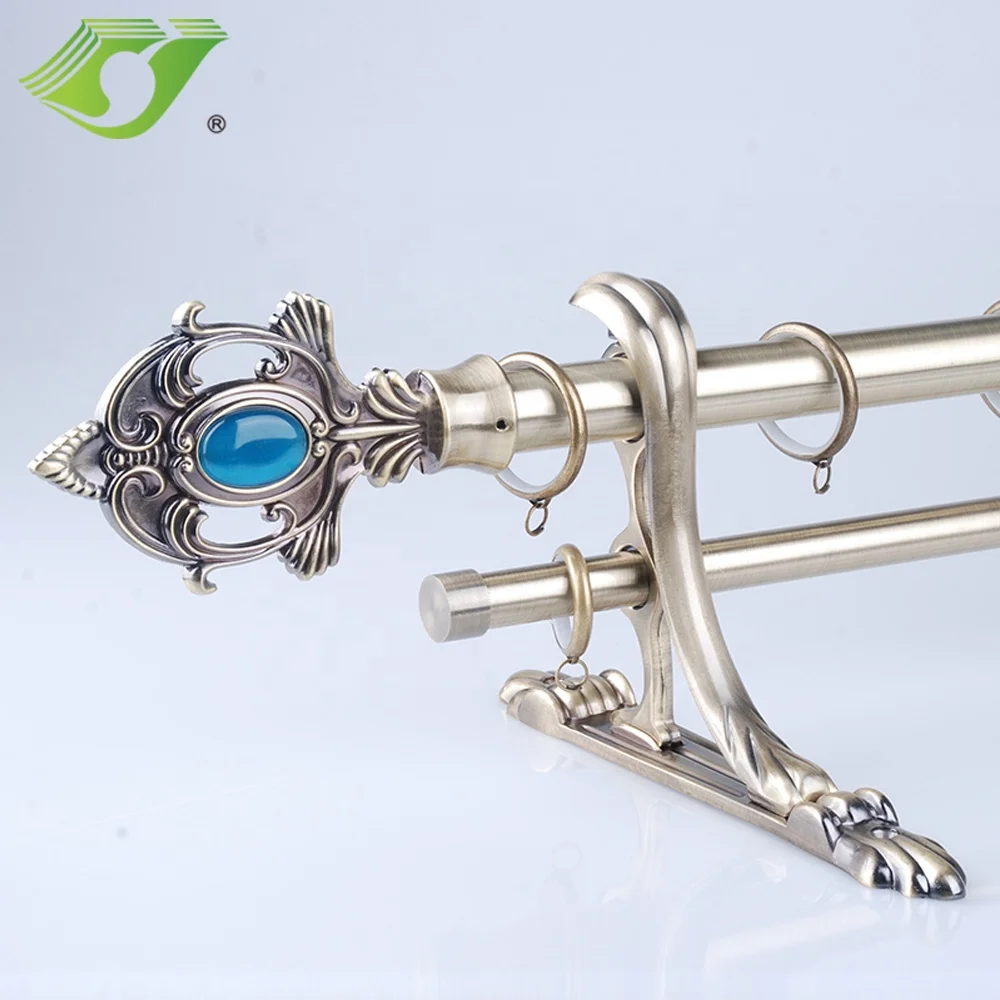 Window adjustable extendable metal curtain rod for home antique brass double bracket curtain rod