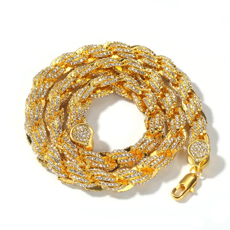 Hot Selling Hip Hop Jewelry Gold Plated Iced out Crystal Alloy Twist Rope Chain for Rapper Gift