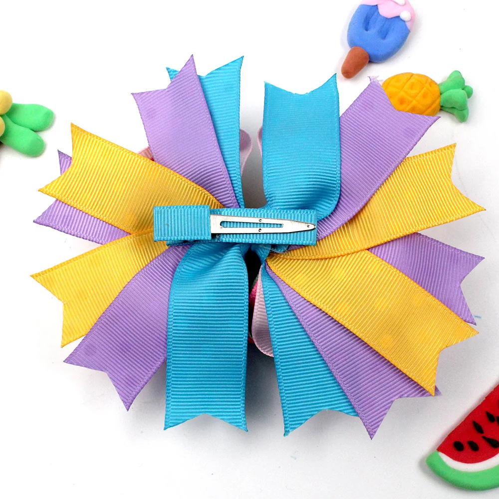 Spring Summer Collection Colorful Girls Hair Bow Cow Print Polka Dot Print Rainbow Bottle Cap Kids Girls Hair Accessories