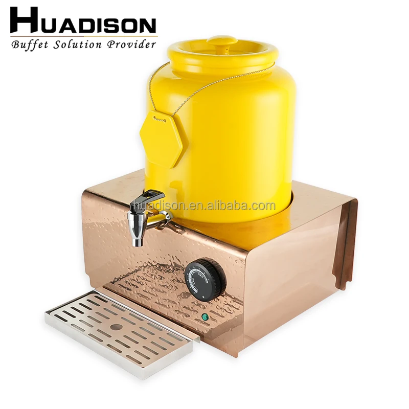 Huadison Factory produces yellow ceramic juice milk dispenser with rose gold electric heating base
