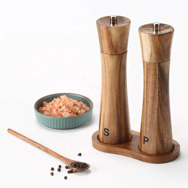 Wholesale Wood Pepper Grinder Spice Grinder with Adjustable Coarseness Acacia Wood Salt and Pepper Mill Set for home kitchen