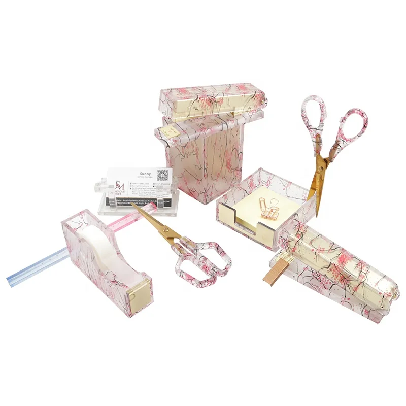 JSM Custom Acrylic transparency Floral Printing School Supplies Stapler Tape dispenser Storage Scissor