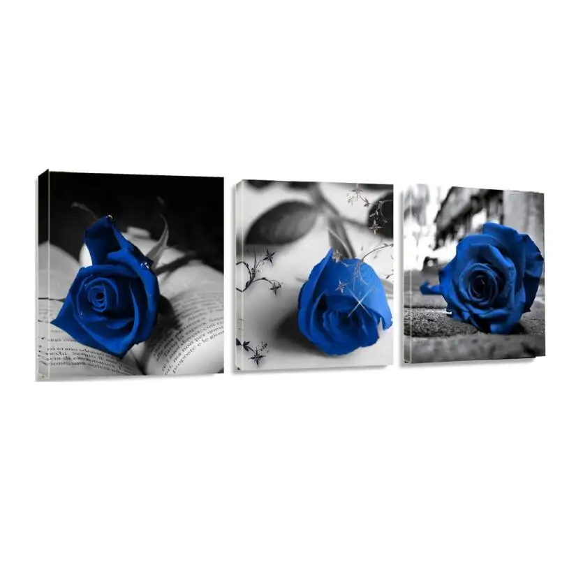 Deco Canvas Picture Frame Flowers Living Room Art Contrast Color Blue 3 Pieces Modern Flower Printing Canvas Painting Wall Art