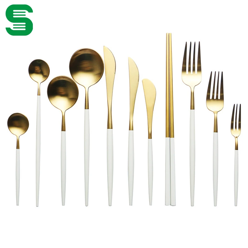 
Hot Sale Matt White Gold Stainless Steel Dinnerware Set China Housewares Cutlery Set 