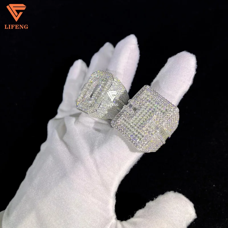 custom 925 silver moissanite cuban ring for men luxury iced out moissanite hip hop letter ring for men
