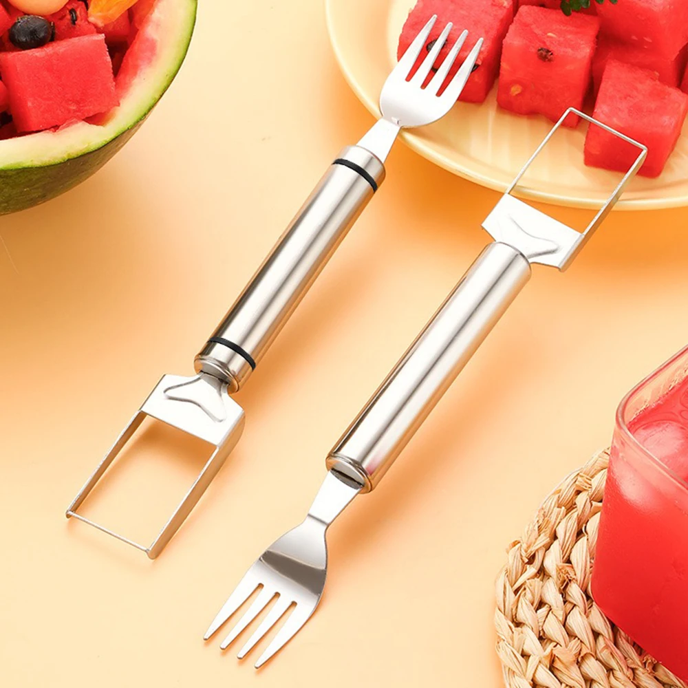 2024 New Arrival Dual Head Stainless Steel 2-in-1 Fruit Cutter & Watermelon Fork Slicer Knife Home Kitchen Gadget