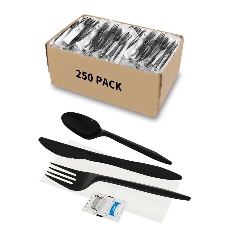 Custom 6 In 1 Heavy Weight Black Wrapped Plastic Cutlery Disposable spoon fork knife set with napkin salt and pepper pack