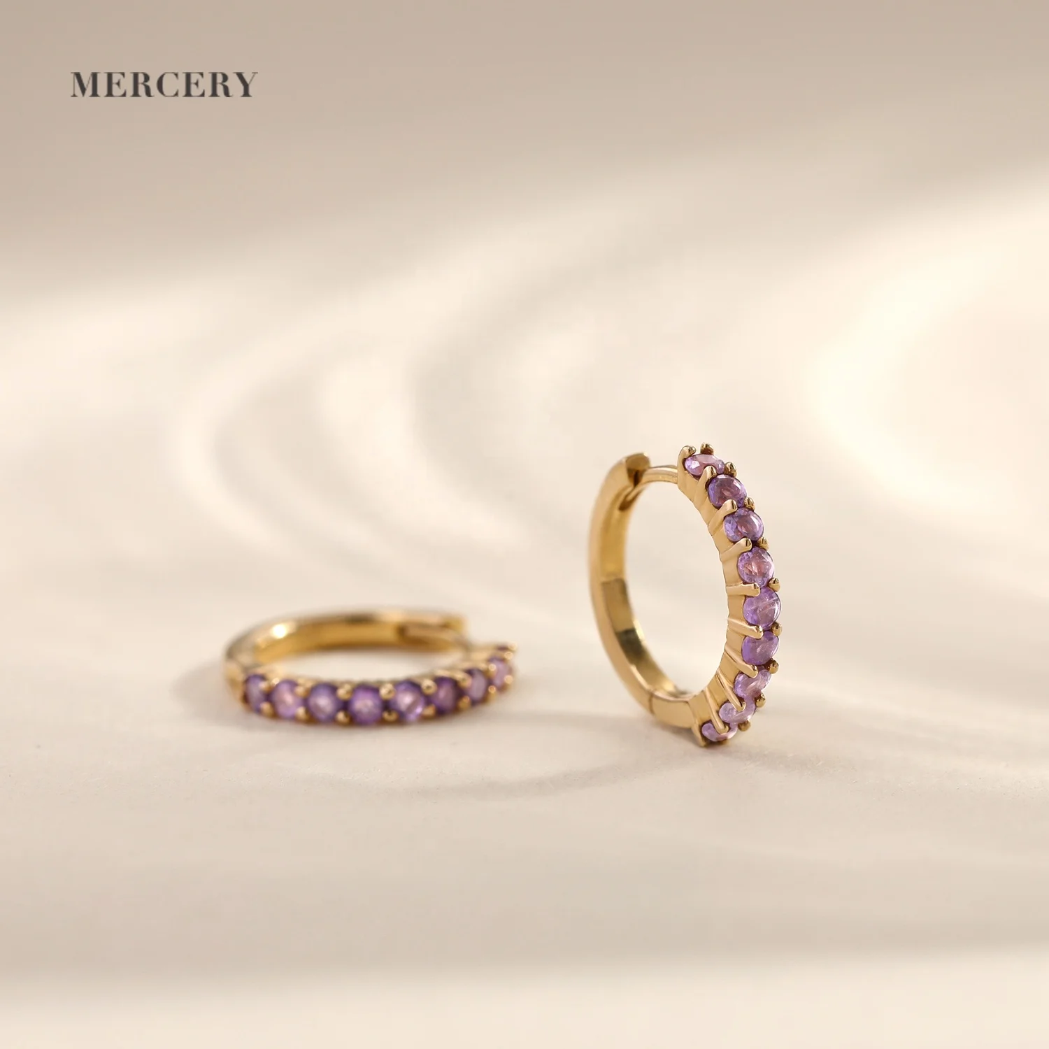 Mercery Personalized February Birthstone Amethyst Stone Earrings Jewelry Real 14k Solid Gold Small Huggie Hoop Earring For Women