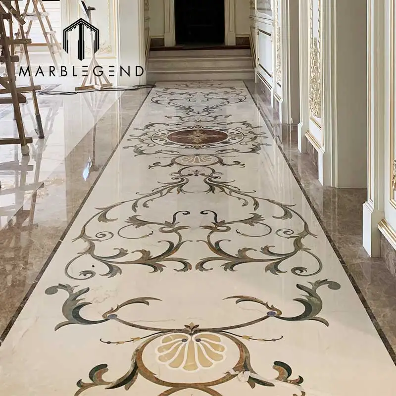 Luxury rectangle flooring stone decoration classic flower water jet marble inlay for hallway