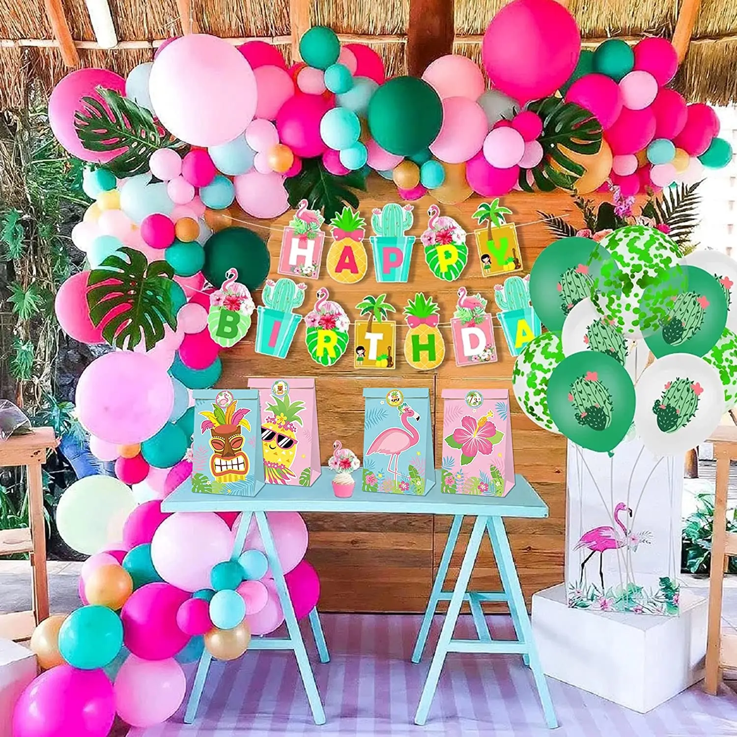 Tropical Hawaiian Paper Gift Bags with Stickers Pineapple Flamingo Gift Bag  Flamingo Pineapple Party Supplies