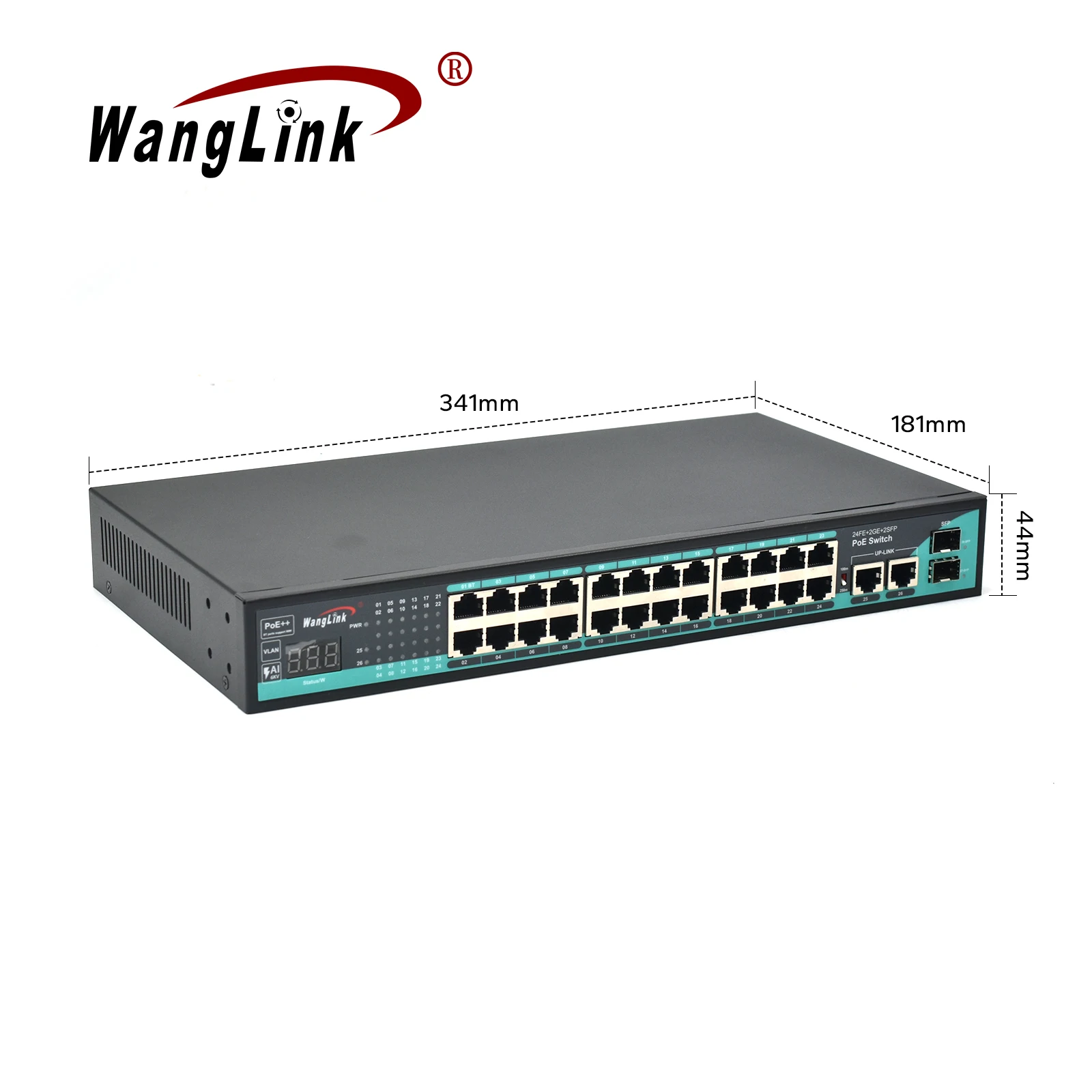 Wanglink PoE Ethernet Switch 24 10/100M PoE Ports 2 GE RJ45 Uplink 2 GE SFP Slot Switch PoE with VLAN and Digital Display