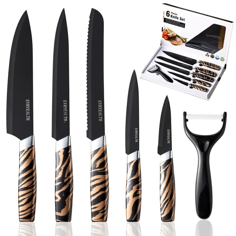 Набор кухонных ножей из 6 нержавеющей стали с цветным покрытием в подарочной коробке