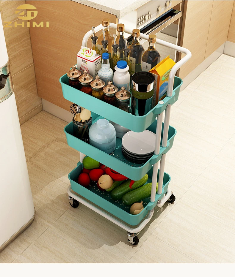 3-tier Carbon Steel Kitchen Trolley On Wheel Vegetable Fruit Storage Basket Dinning Room Corner Shelf Cart