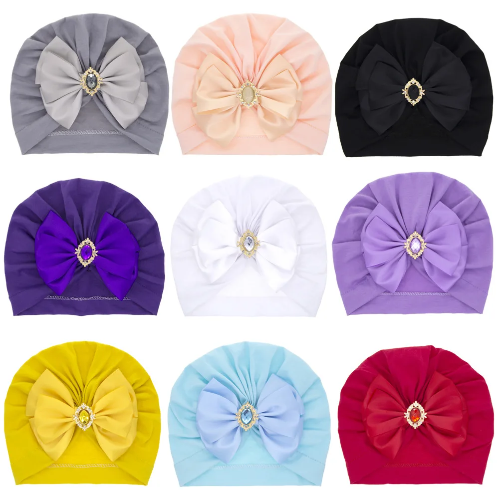 Baby Nylon Big Bow Turban Hats India Beanie Bohemia Donuts  Girls Headwear Bun Knot Baby Hatss Big Bow Turban