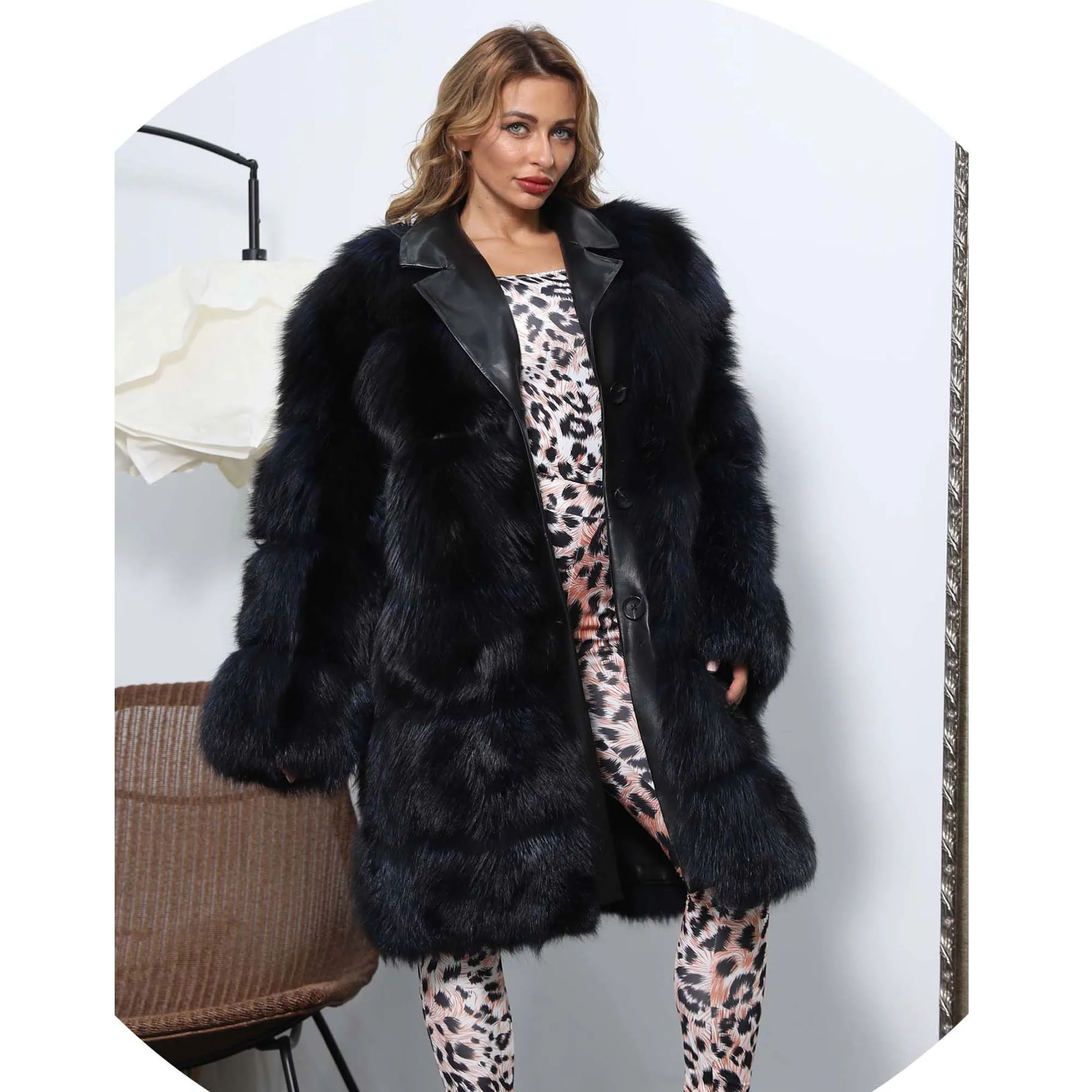 Winter Thick Genuine Leather Collar Luxury Long Real Silver Fox Fur Coat