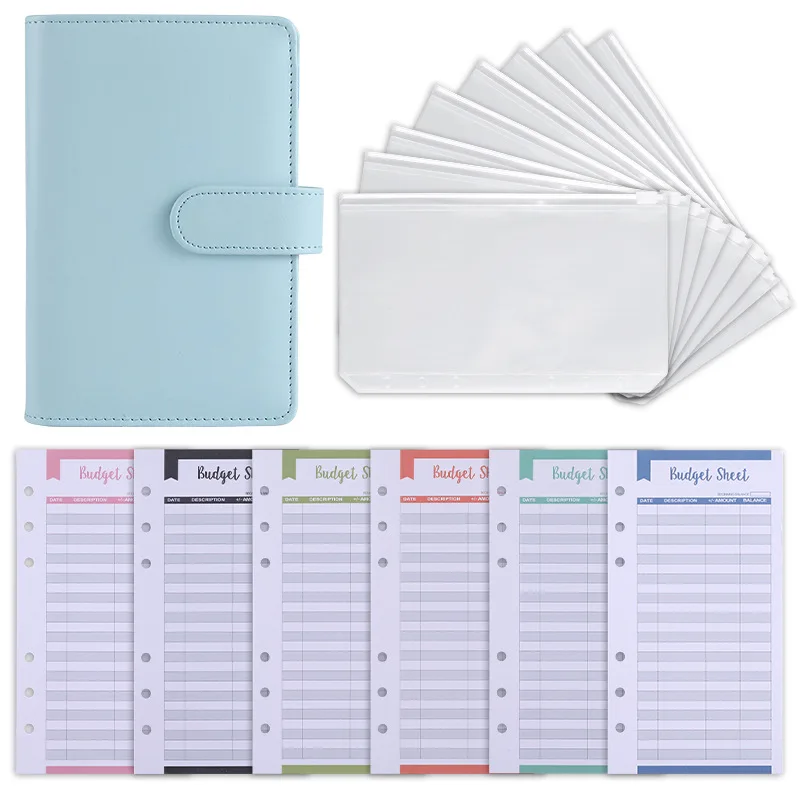 Hot Selling PU 6 Ring Binder Notebook Agenda Planner 8pcs Zipper Clear Cash Envelopes 12pcs A6 Budget Binder