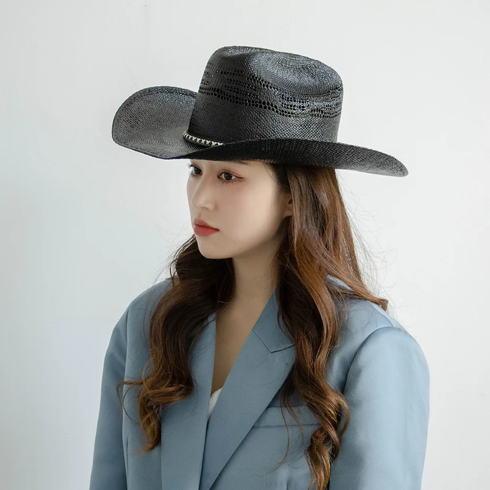 Hot European And American Cowboy Style Belt Woven Papyrus Hollow Straw Hat Outdoor shade Jazz