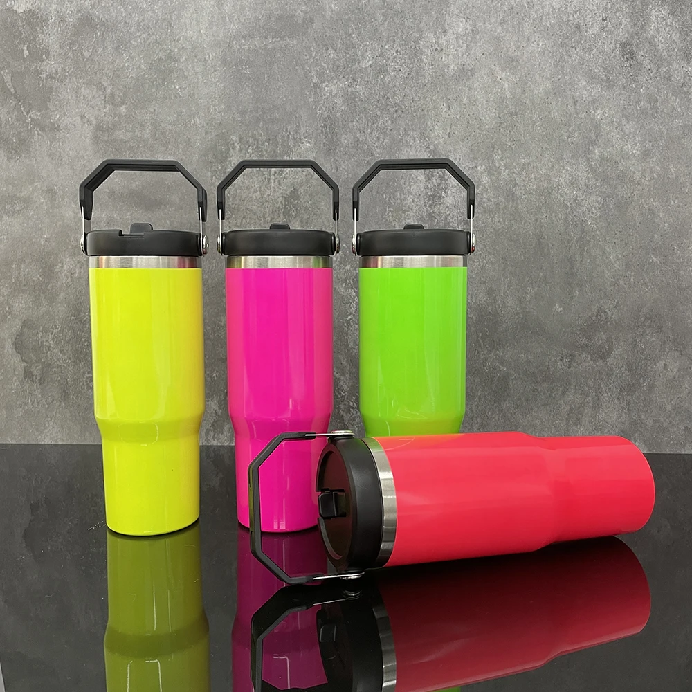 New Arrival Neon 30Oz Insulated Sublimation Tumbler With Swing Handle Lid Stainless Steel 30 Oz Sublimation Flip Straw Tumbler