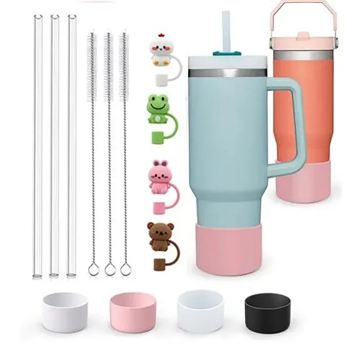 pink leak proof cup drinkware bar accessories set 10mm straw topper cap silicone boot and straw cover for stanleyy cup