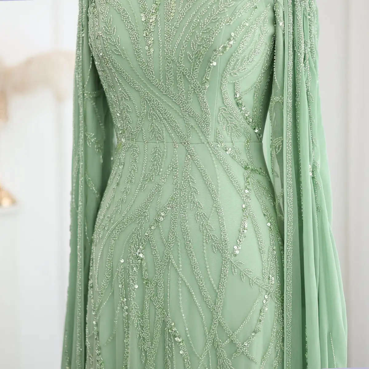 Luxury Beaded Sage Green Muslim Evening Dress With Cape Long Sleeves Arabic Dubai Women Wedding Party Gowns Lsz387