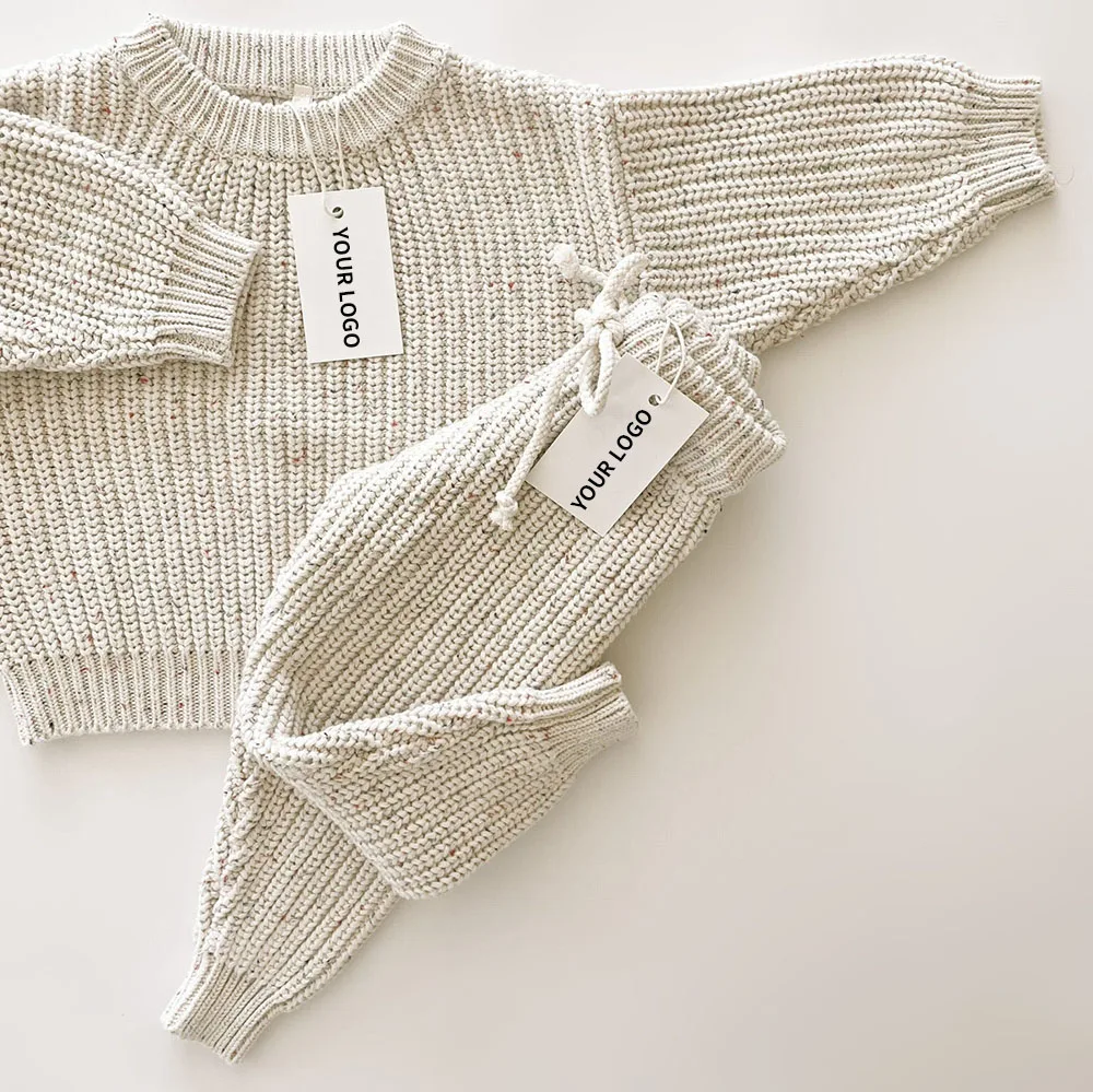 Детские хлопковые комплекты свитера с логотипом на заказ, зимние комплекты одежды для новорожденных, ребристые толстые трикотажные брюки с длинным рукавом, детский вязаный комплект