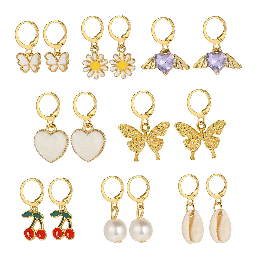 PUSHI fashion creative rhinestone cherry earrings fruit butterfly wings earrings pearl ear clip 9 pairs combo earrings set
