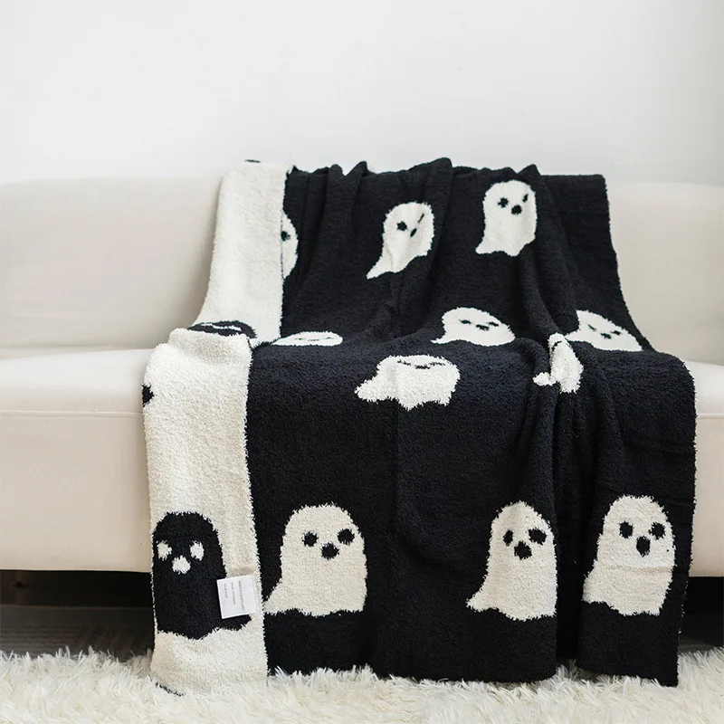 Halloween soft plush blanket double sided fleece knit ghost print reversible flannel jacquard ghosts patterned blankets throws