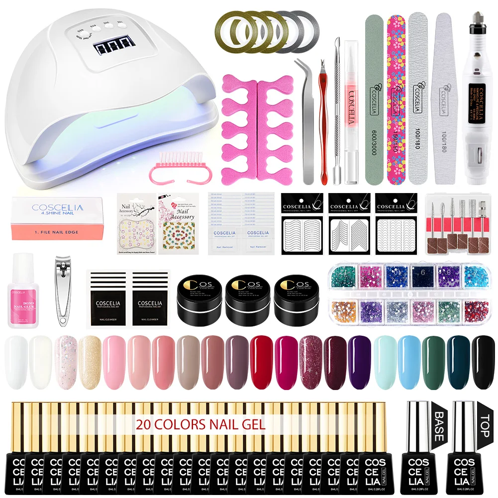 COSCELIA Новое поступление Набор для дизайна ногтей 80 Вт лампа для ногтей 20 цветов Гель-лак профессиональный набор для ногтей